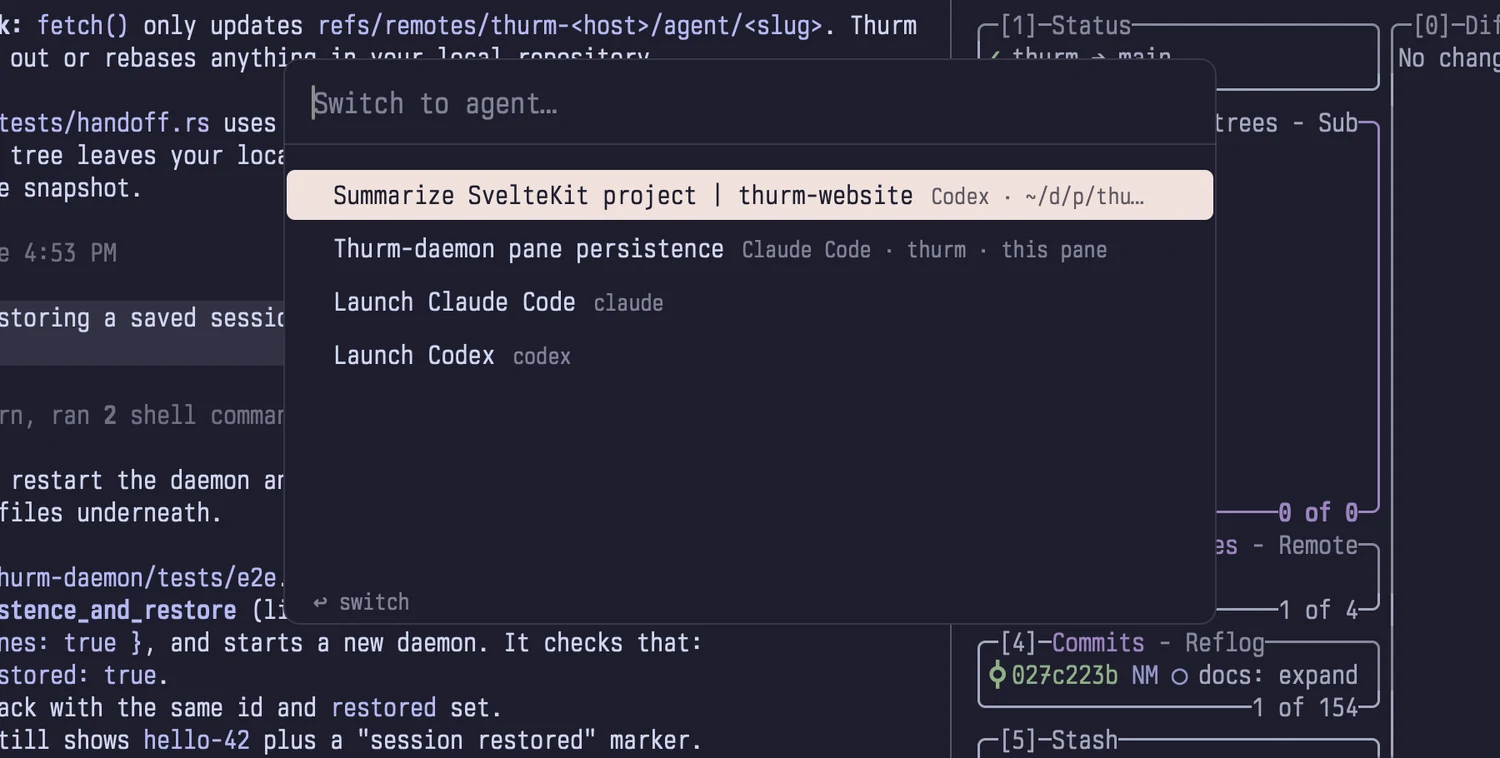 The agent switcher listing a Codex session in thurm-website and a Claude Code session in thurm, with options to launch Claude Code or Codex.