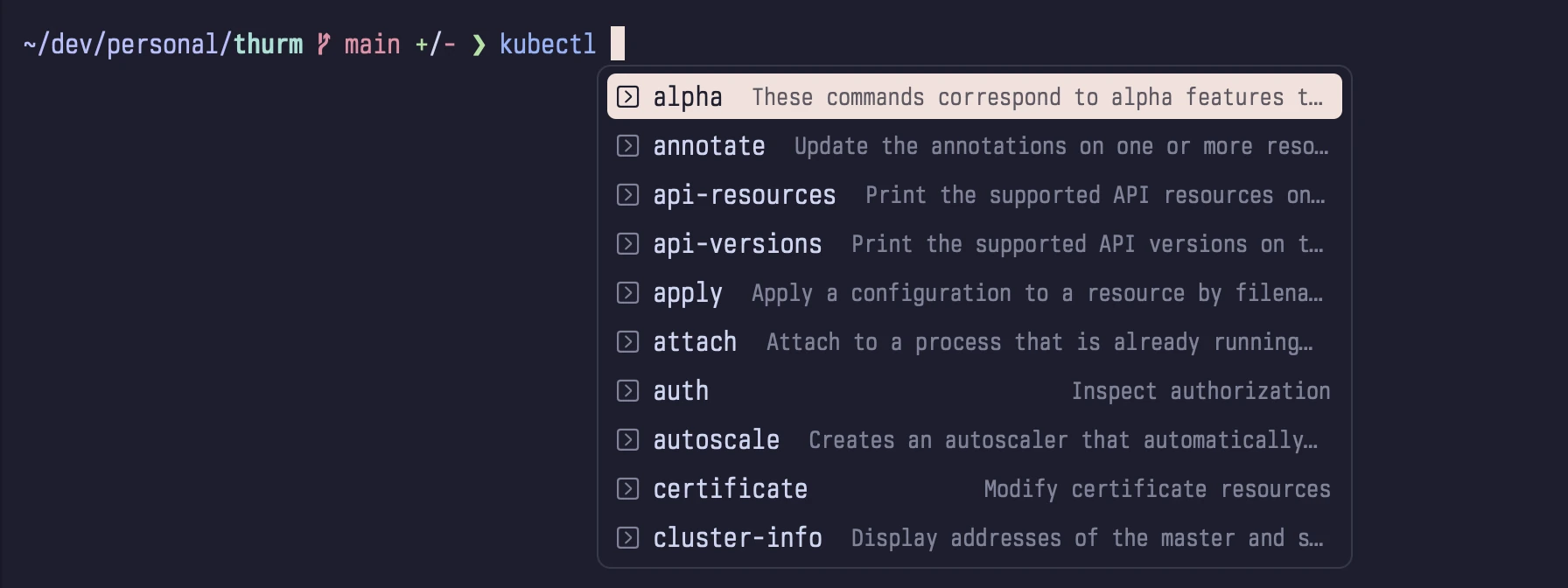 Pressing Tab after kubectl shows its subcommands with descriptions.