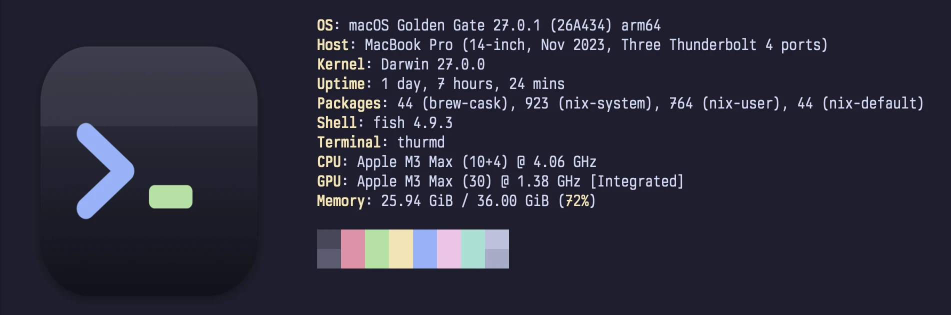 fastfetch drawing the Thurm icon inline with the kitty graphics protocol, next to system details.