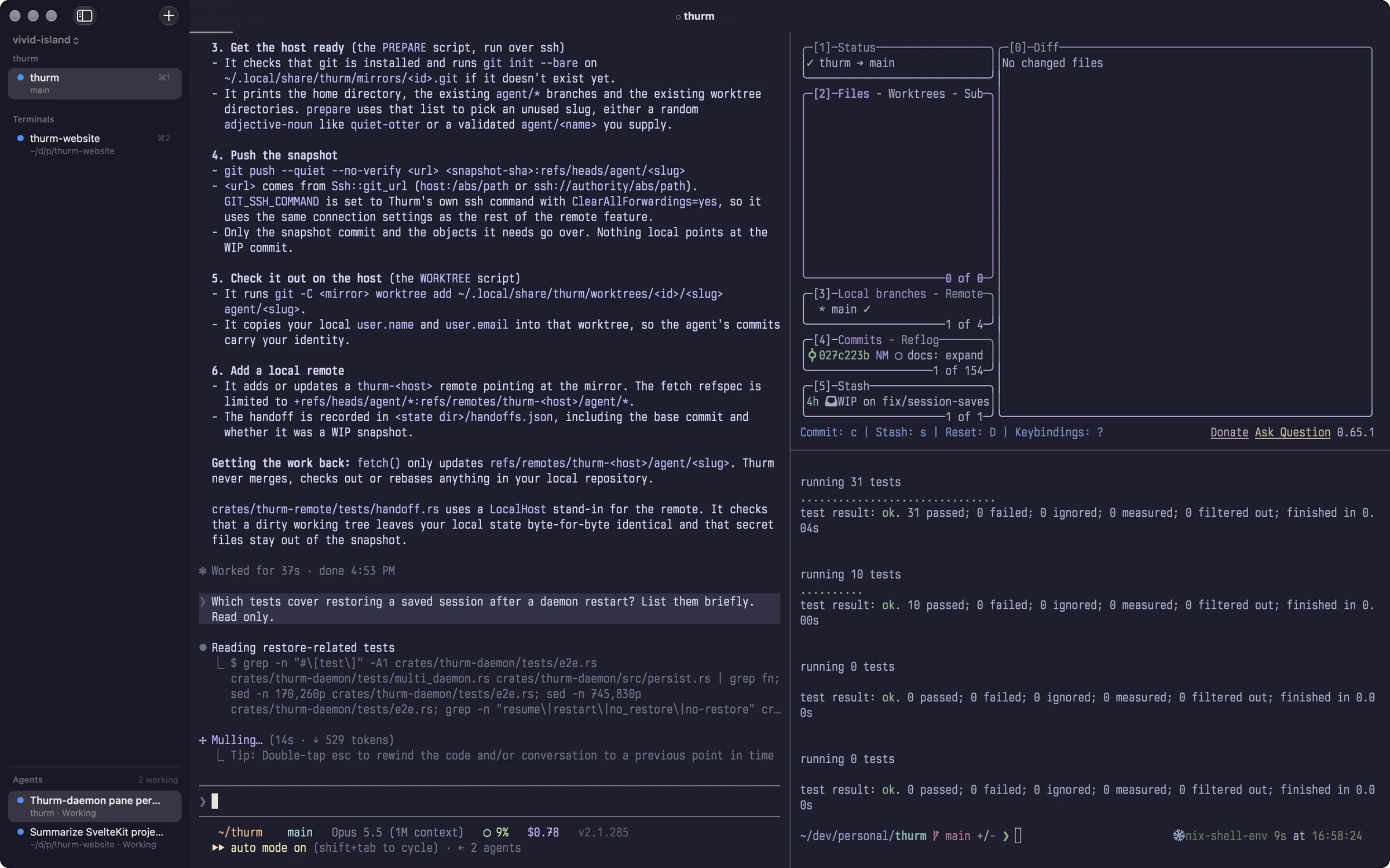 Thurm with a sidebar of tabs grouped by repository, Claude Code working in the left pane, lazygit and cargo test output on the right, and an Agents list showing two agents working.